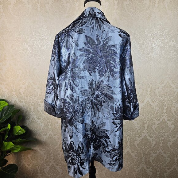 Chico’s Size 2 (12/14) Blue Jacquard Metallic Open Front Long Jacket Rolled Cuff - Picture 7 of 13